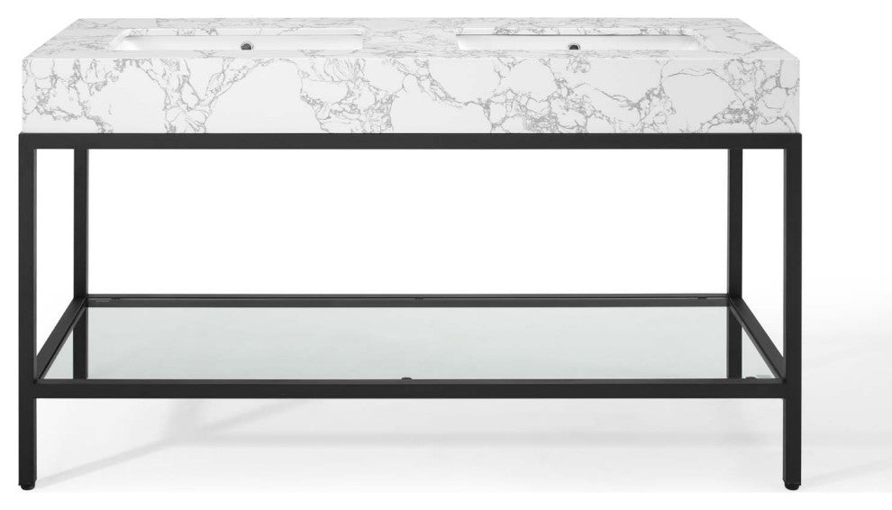Kingsley 60" Black Stainless Steel Bathroom Vanity - Black White