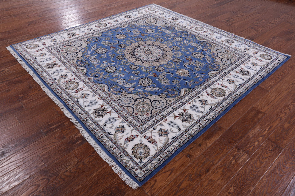 8' Square Persian Nain Wool & Silk Handmade Rug - Q13155