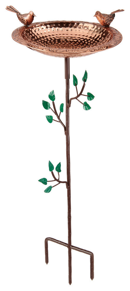 Pure Copper Bird Bath With 2 Copper Birds and Tree Theme Multiprong Garden Pole