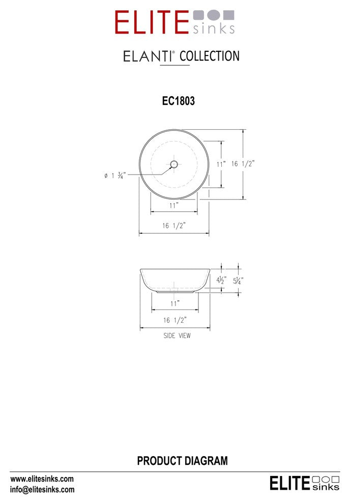 ELANTI EC1803 Porcelain Round Vessel Bathroom Sink, White
