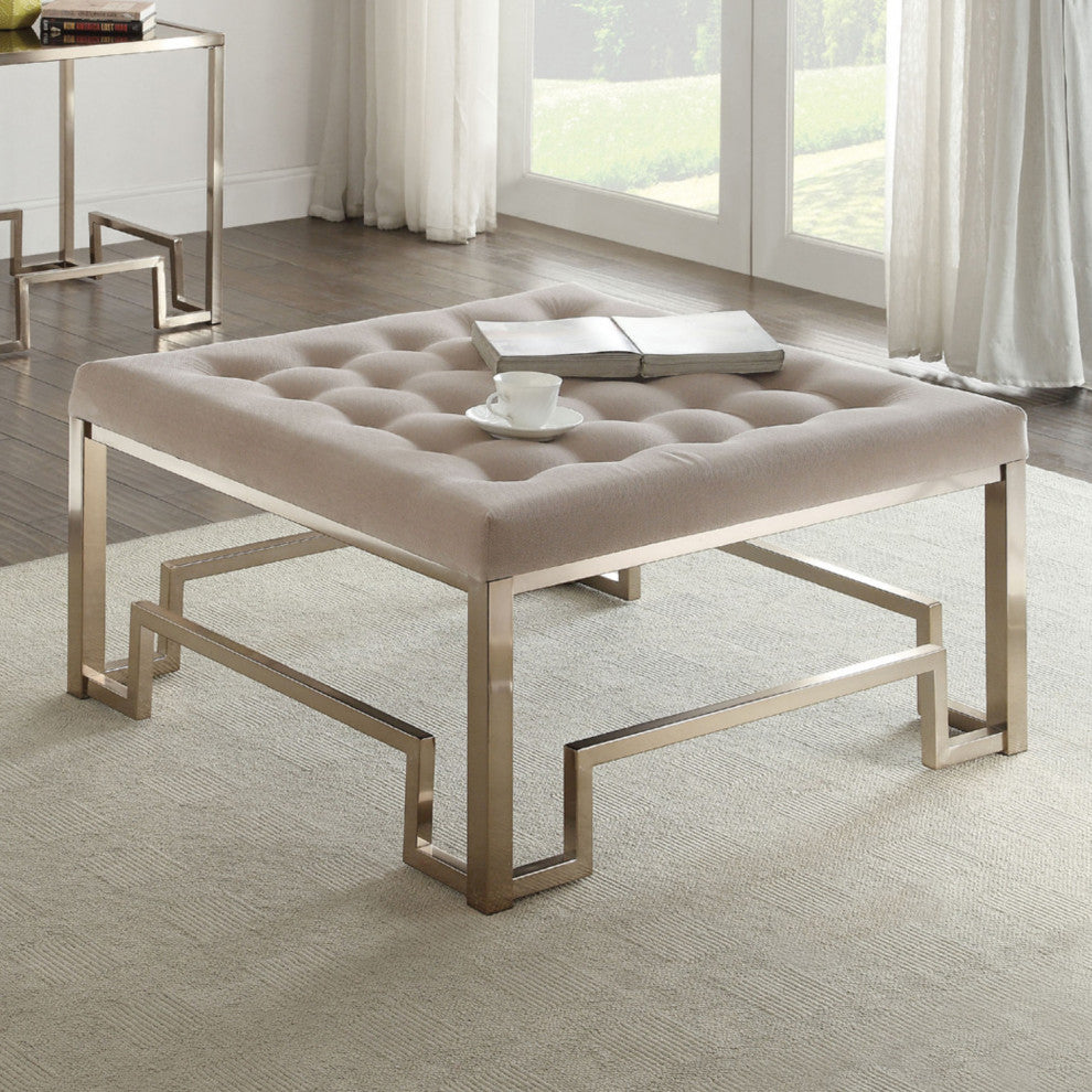 Beige Fabric Ottoman, Beige and Champagne