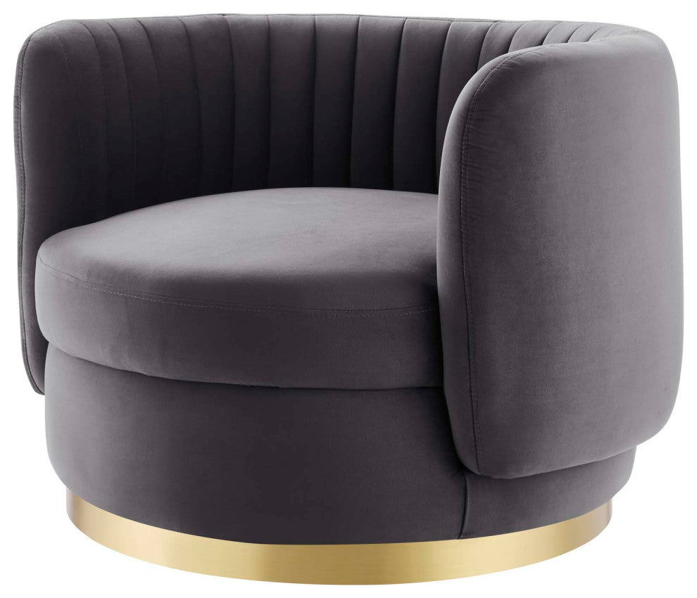 Armchair Swivel Accent Tufted Chair, Gold Gray, Velvet, Modern Hospitality