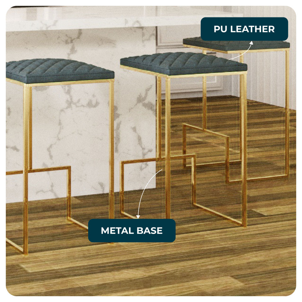 LeisureMod Quincy Quilted Stitched Leather Bar Stools With Gold Metal Frame
