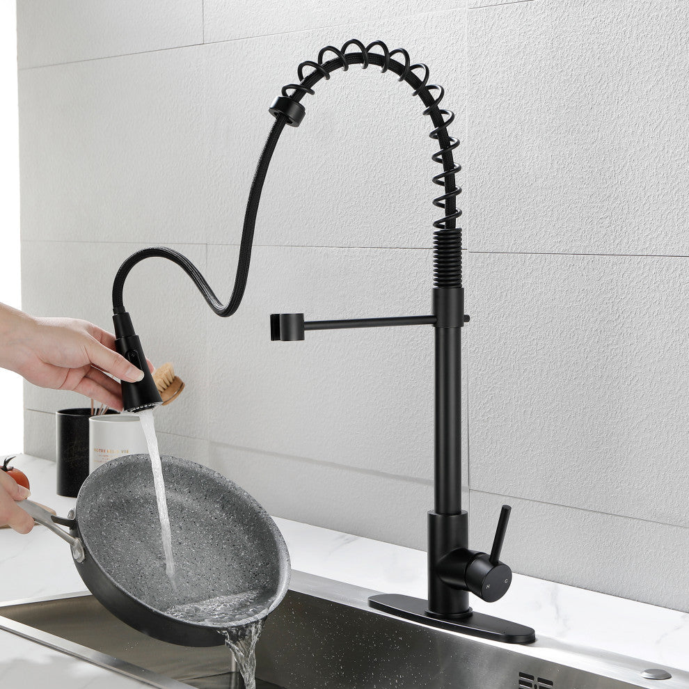 Wellfor Stainless Steel Pull Down Kitchen Faucet With Deck Plate, Matte Black