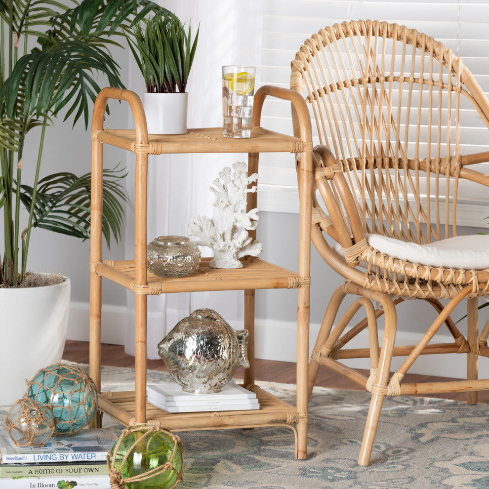 Barras Modern Bohemian Natural Brown Finished Rattan 3-Tier Display Shelf