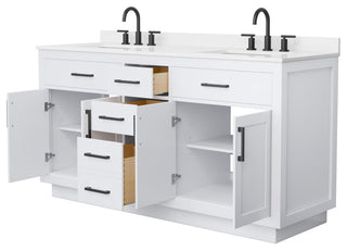 Beckett TK 66" White Double Vanity, White Quartz Top, 3-Hole, Black Trim