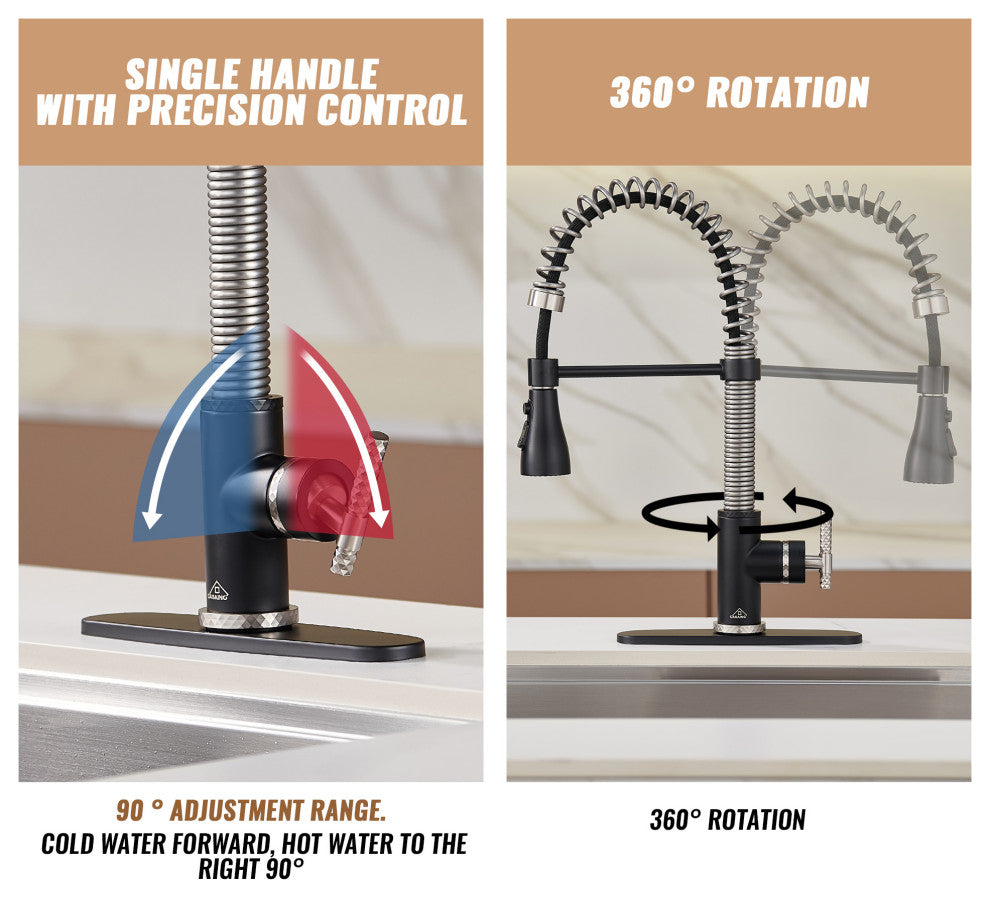 Single Handle Kitchen Sink Faucet Pull-Down Sprayer, 360 Swivel, 3 Functions, Matte Black+brushed Nickel