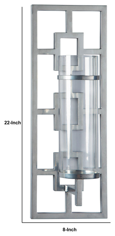 Benzara BM238385 22" Geometric Metal Wall Scone With Glass Hurricane, Silver