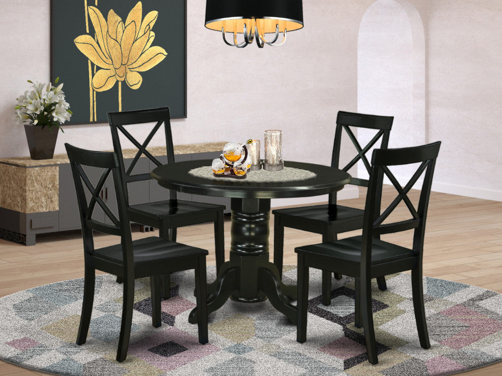 5Pc Round 42" Dining Room Table And 4 Wood Seat Kitchen Chairs