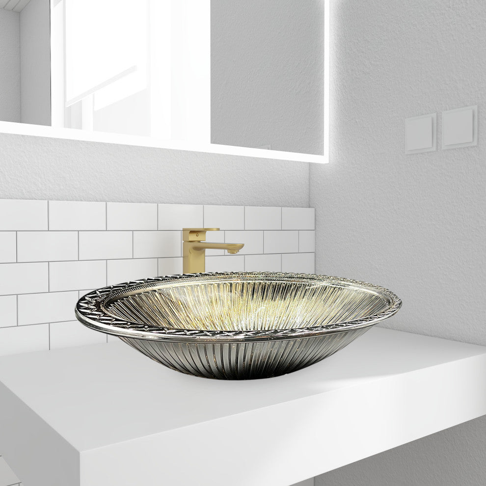 Olive Tempered Glass Oval Vessel Bathroom Sink, Silver