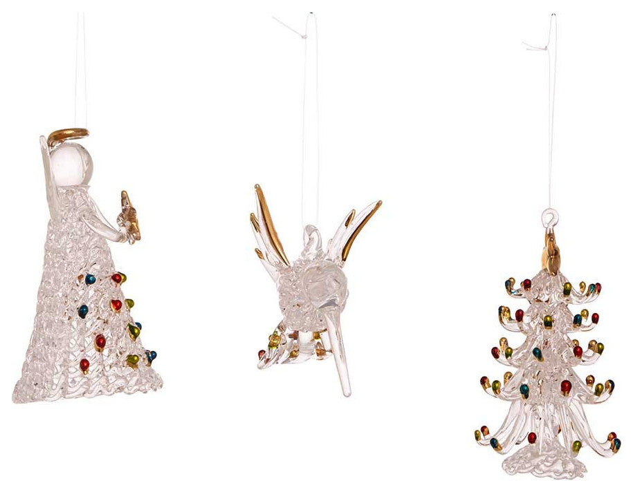 3" Spun Glass Angel, Tree and Bird Ornaments 3-Piece Set