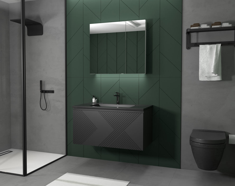 Matte Black Wall Mount Bath Vanity, Integrated Sink, Black Sink, 30"