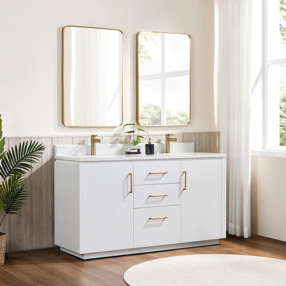 San Bath Vanity with Stone Top, White, 60" Double Sink, Double Vanity, No Mirror