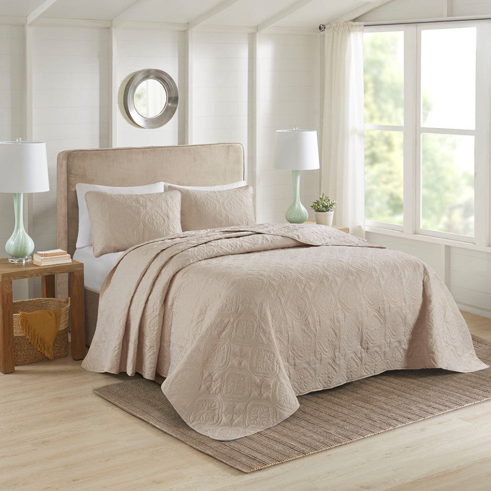 510 Design Oakley Quilted Oversized 3-Piece Bedspread Set, Khaki, Full/Queen