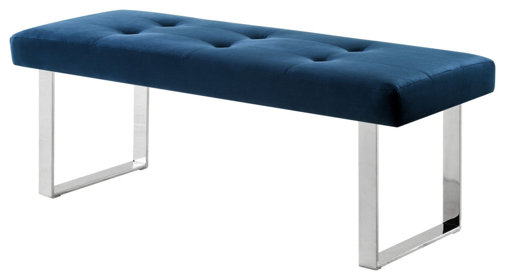 Dolores Velvet Button Tufted Square Leg Bench, Navy With Chrome Base
