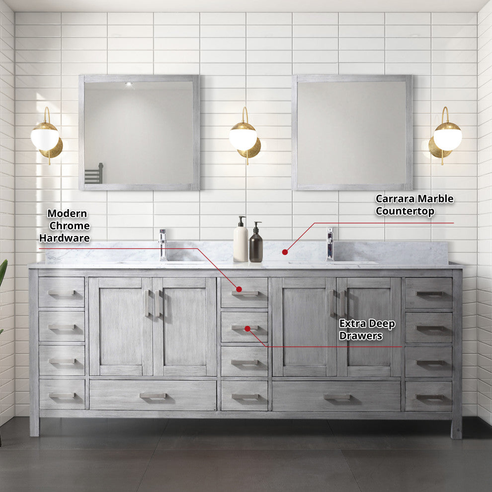 Jacques 84" Distressed Gray Double Vanity Carrara Marble Top Sinks, 34" Mirrors