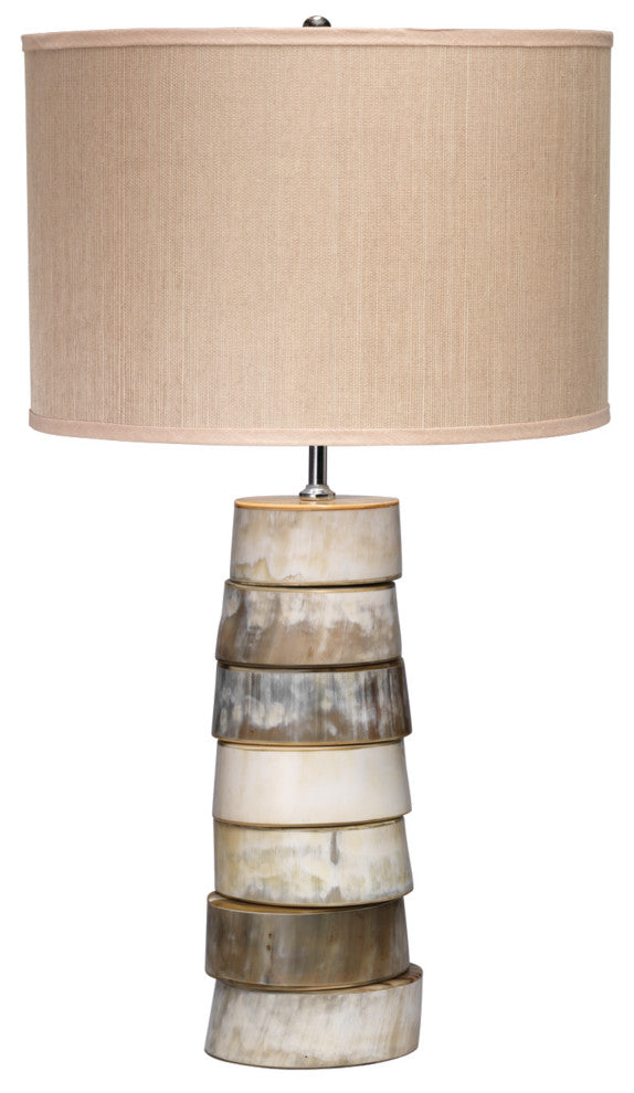 Stacked Horn Table Lamp, Horn With Medium Drum Shade, Elephant Hemp