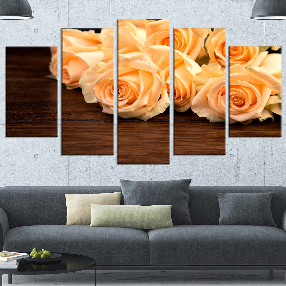 Roses on Wooden Surface Photo, Large Floral Canvas Art Print, 60"x32", 5 Panels