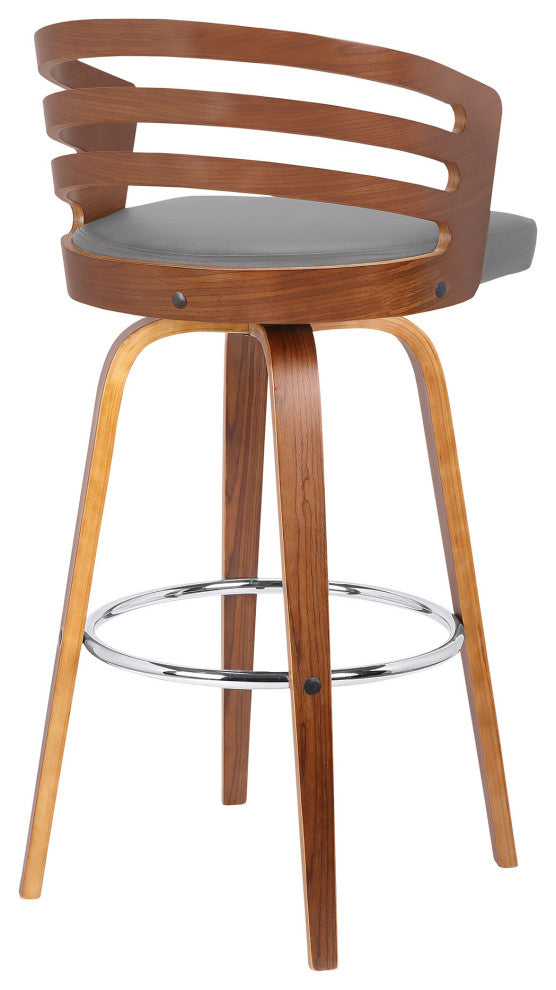 30" Gray Modern Faux Leather & Walnut Wood Swivel Bar Stool