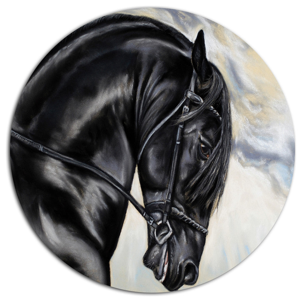 Friesian Horse Painting, Animal Round Metal Wall Art, 36"