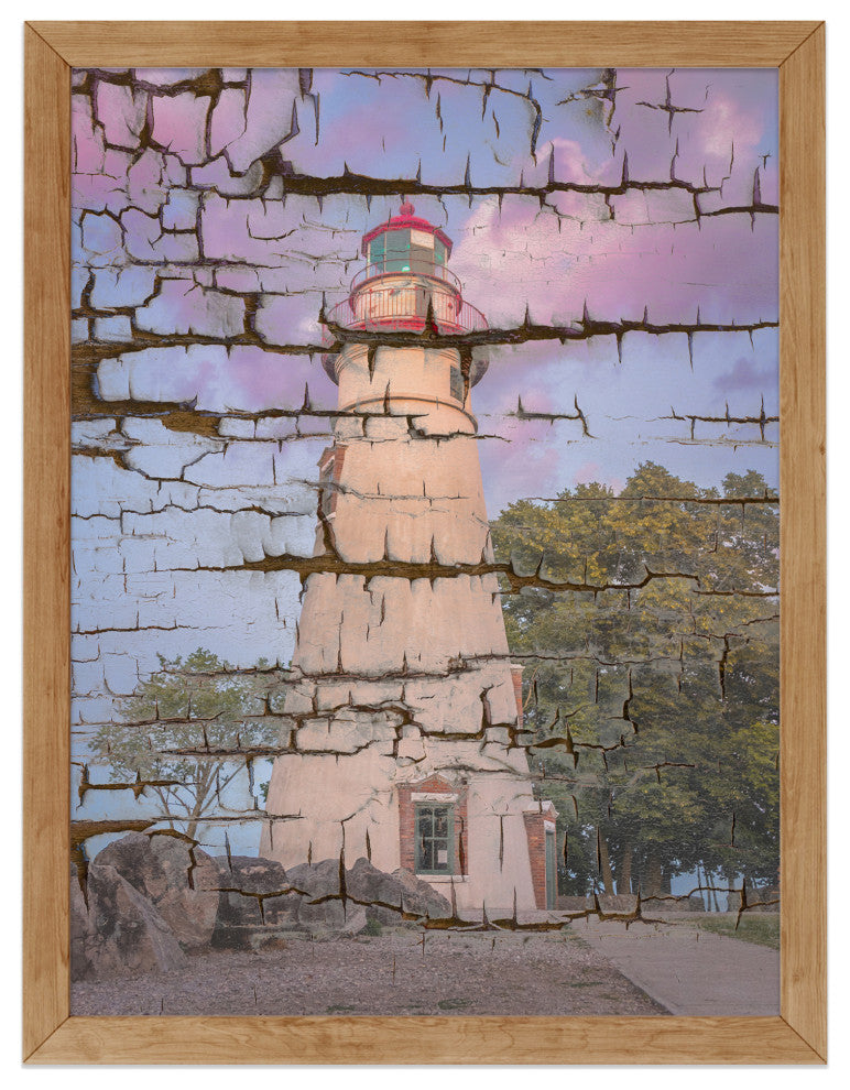 Faux Wood Texture Marblehead Lighthouse at Sunset Framed Photo Wall Art Print, Red Oak, 18" X 24"