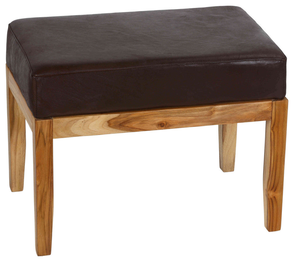 Bare Decor Luisa Bench Genuine 100% Leather and Teak, Brown