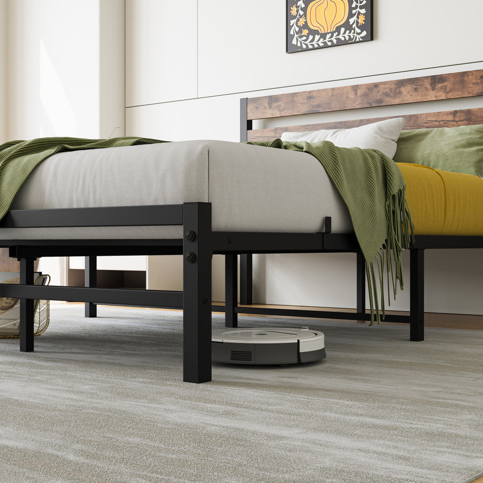 Gewnee Full Size Platform Bed Frame with Rustic Vintage Wood Headboard