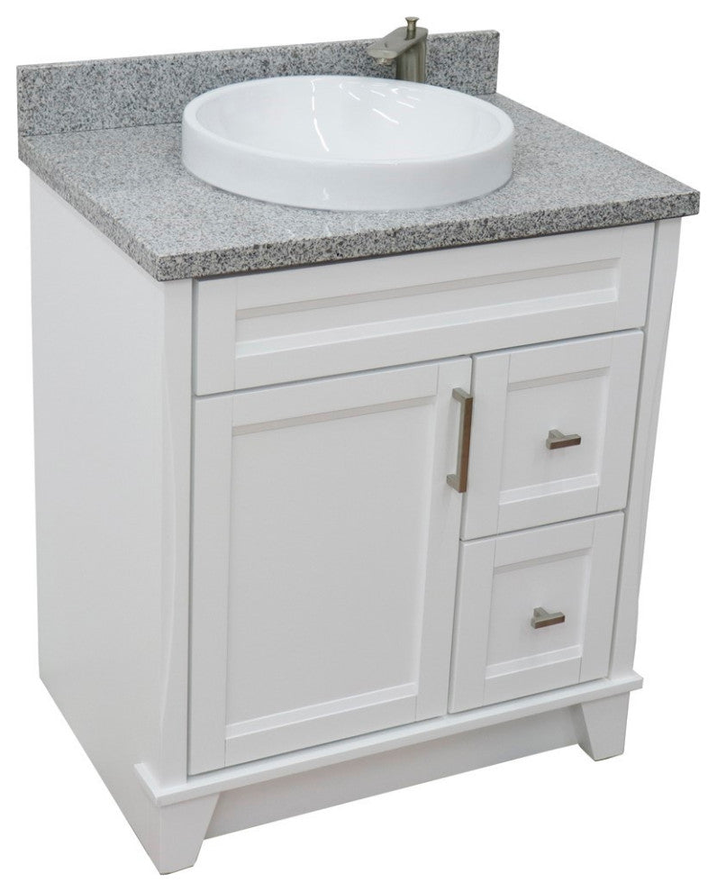 31" Single Sink Vanity, White Finish With Gray Granite With Round Sink