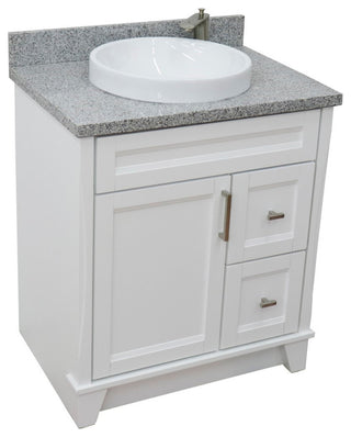 31" Single Sink Vanity, White Finish With Gray Granite With Round Sink