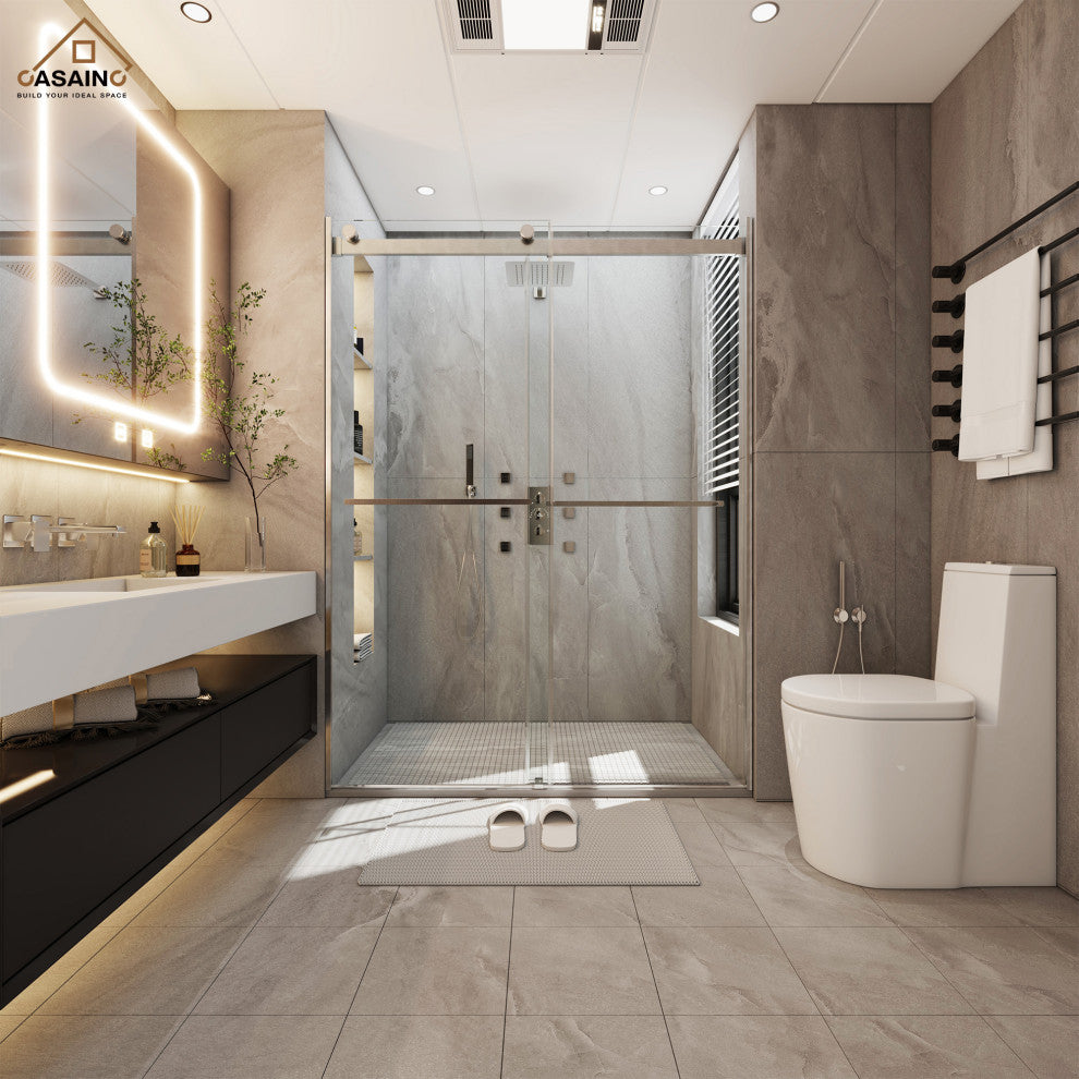 48-in x 76-in Frameless Sliding Shower Door, Brushed Nickel