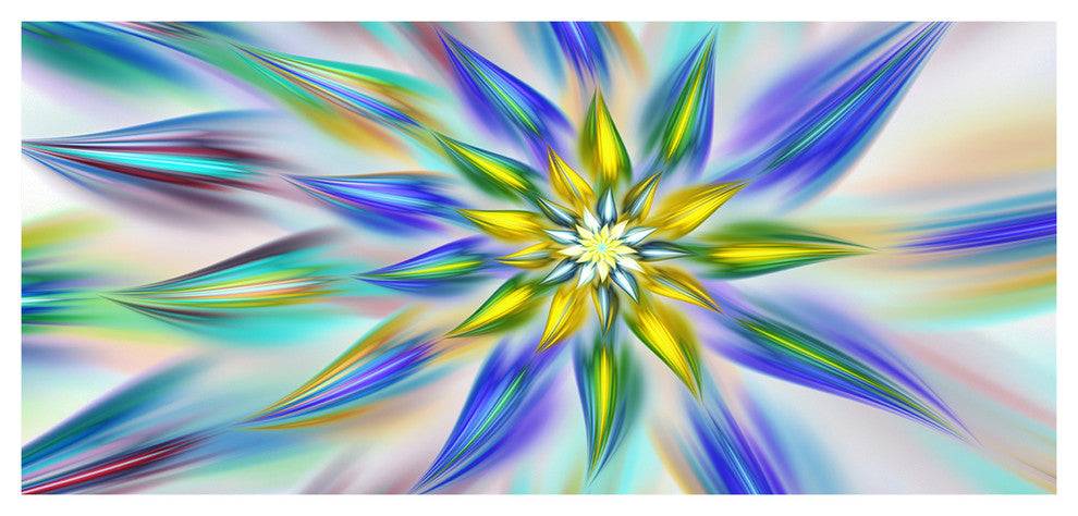 Dancing Blue Fractal Flower, Large Floral Canvas Art Print, 60"x28"