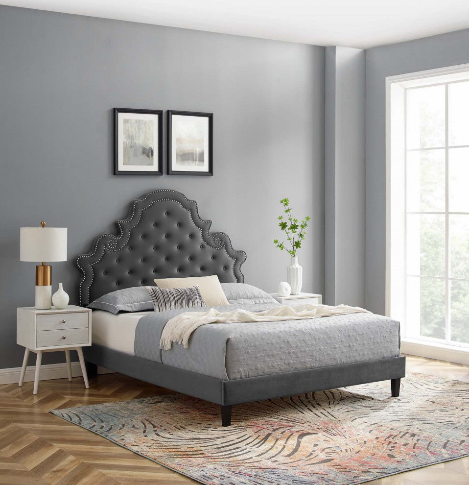 Tufted Platform Bed Frame, Queen Size, Velvet, Gray, Modern Contemporary