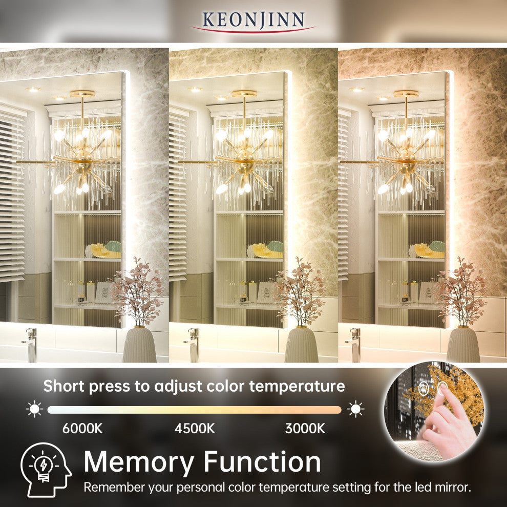 Backlit 3-Color LED Mirror for Bathroom, Anti-Fog Dimmable, 24x36