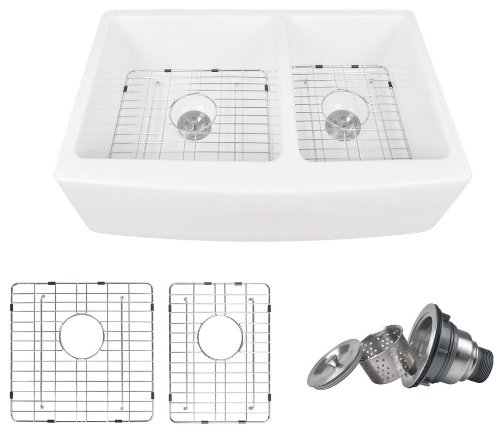 33" X 21" Double Basin Farmhouse Kitchen Sink with Sink Grid and Basket Strainer