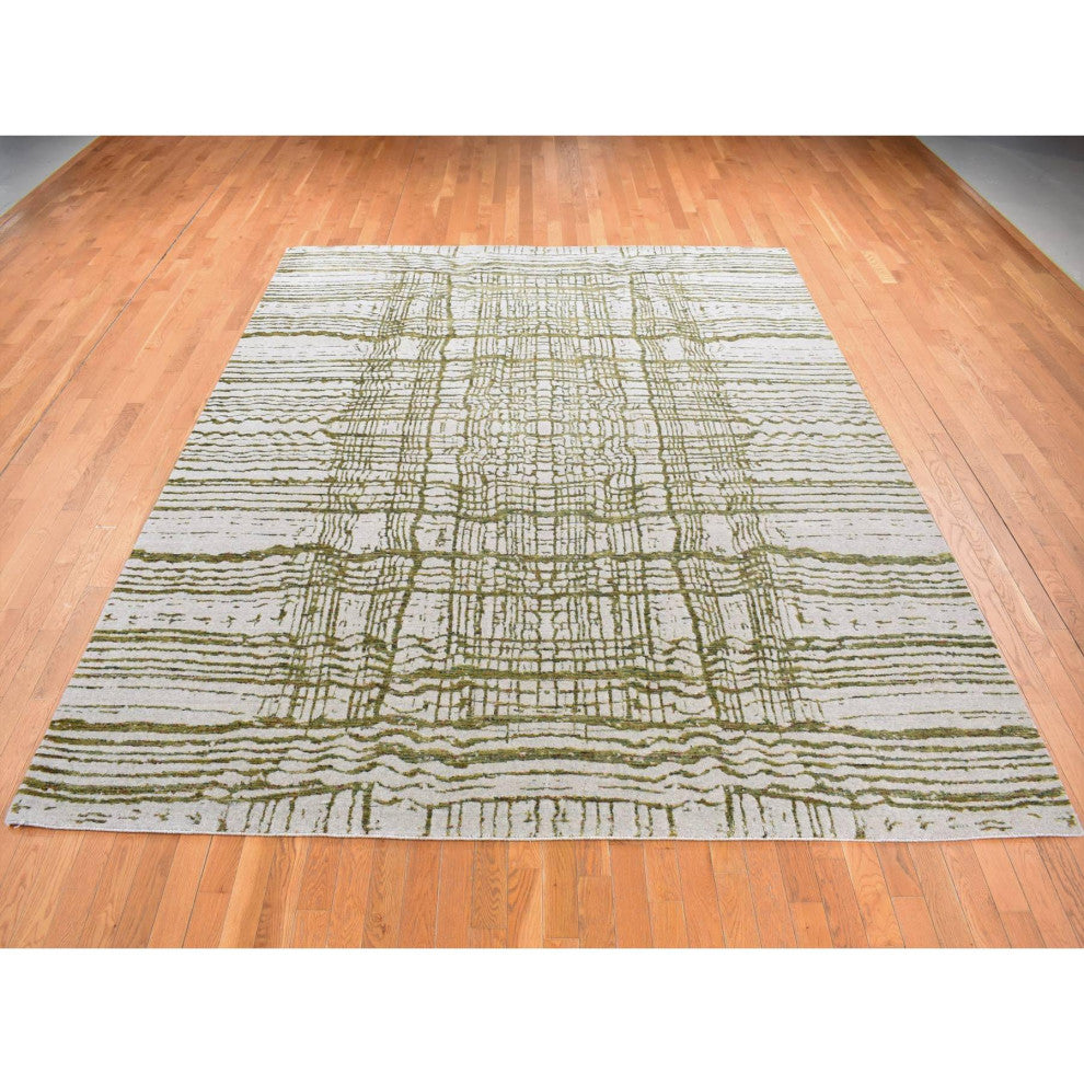 Gray Jacquard Hand Loomed Modern Design Wool and Silk Hand Loomed Rug 9'2"x11'8"