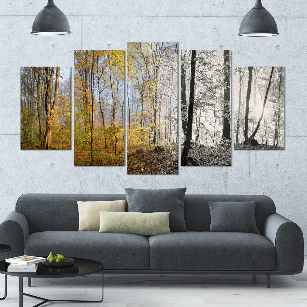 Yellow Morning in Forest Panorama, Landscape Canvas Art Print, 60"x32", 5 Panels