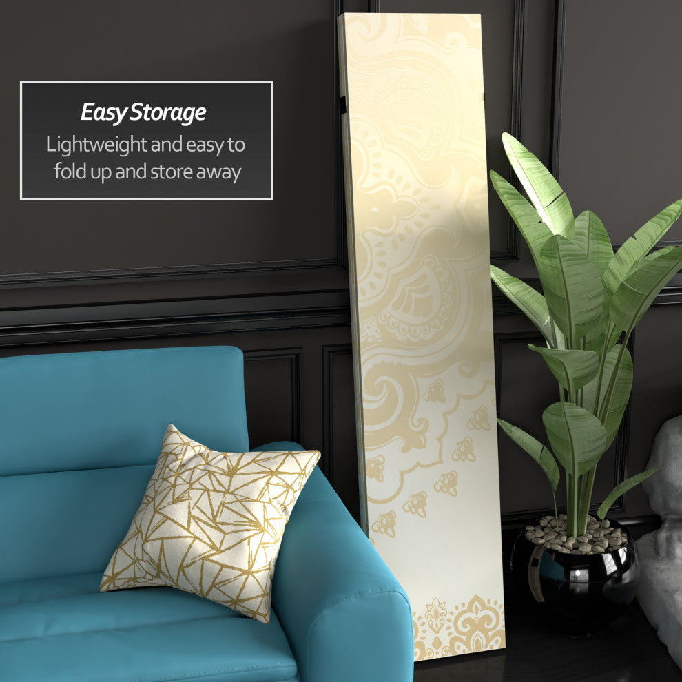 6' Tall Double Sided Ivory Indian Pattern Canvas Room Divider