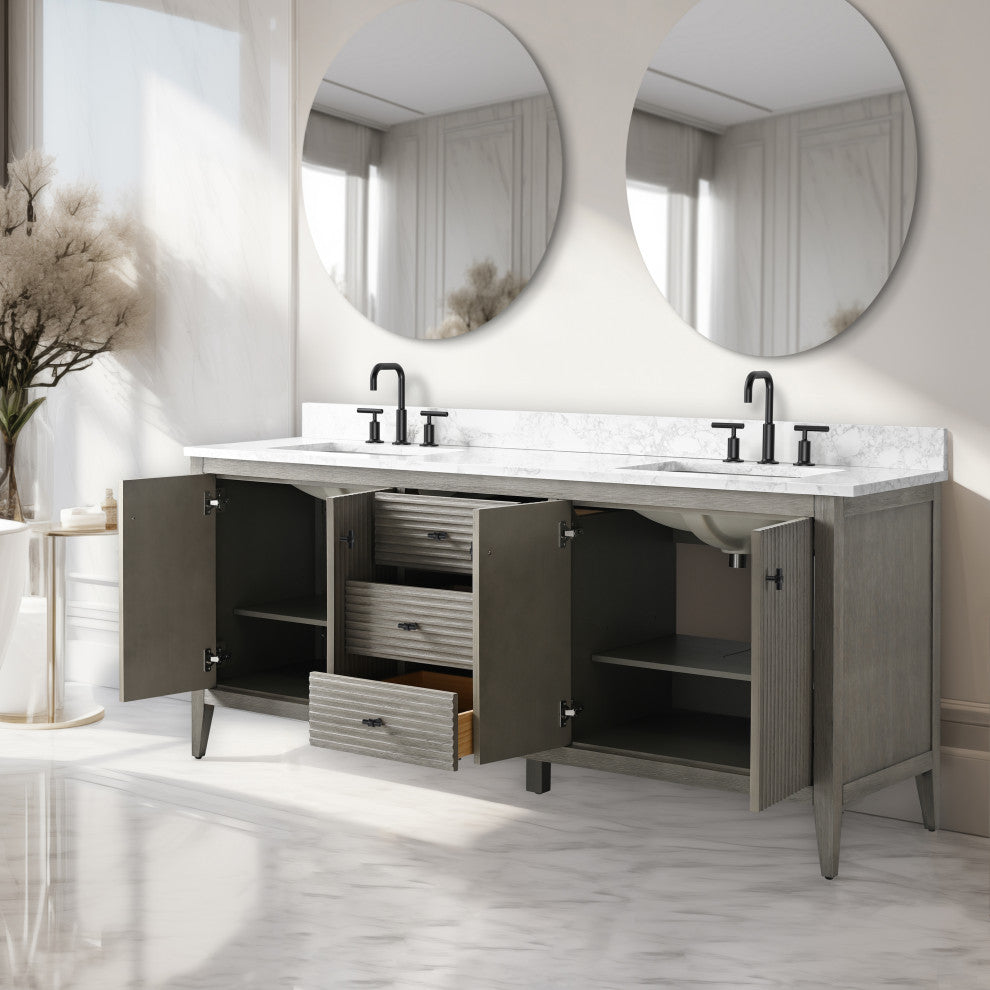 Vanity Art Freestanding Vanity, Driftwood Gray, 72", Double Sink, Matte Black