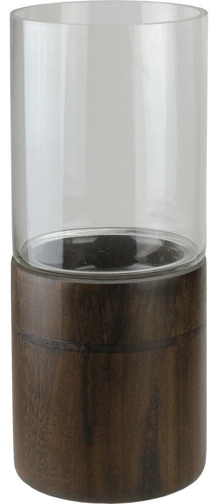 Clear Glass Hurricane Pillar Candle Holder With Wooden Base, 15.25"