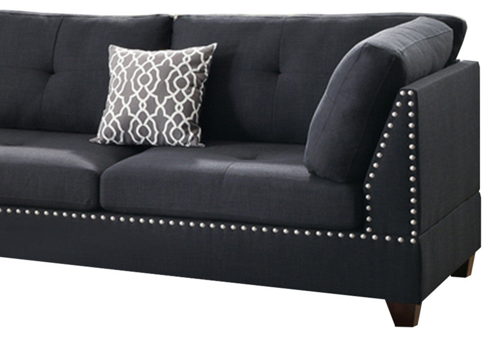 Benzara BM168761 Polyfiber 3 Pieces Sectional Set With Ottoman, Black