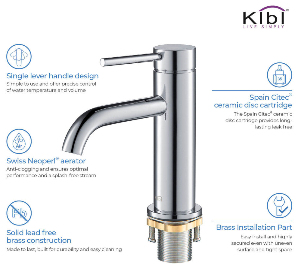 Circular Brass Single Handle Bathroom Faucet KBF1008, Chrome, With Drain