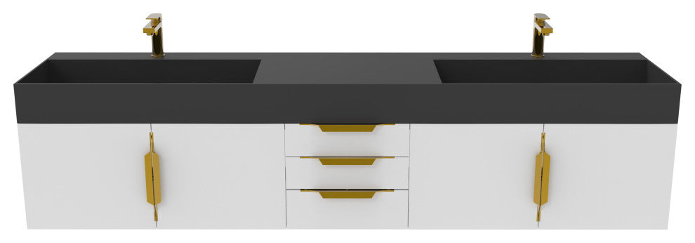 CastelloUSA Amazon 84" Wall Mounted Bathroom Vanity Set, White, Black Top, Gold Handles