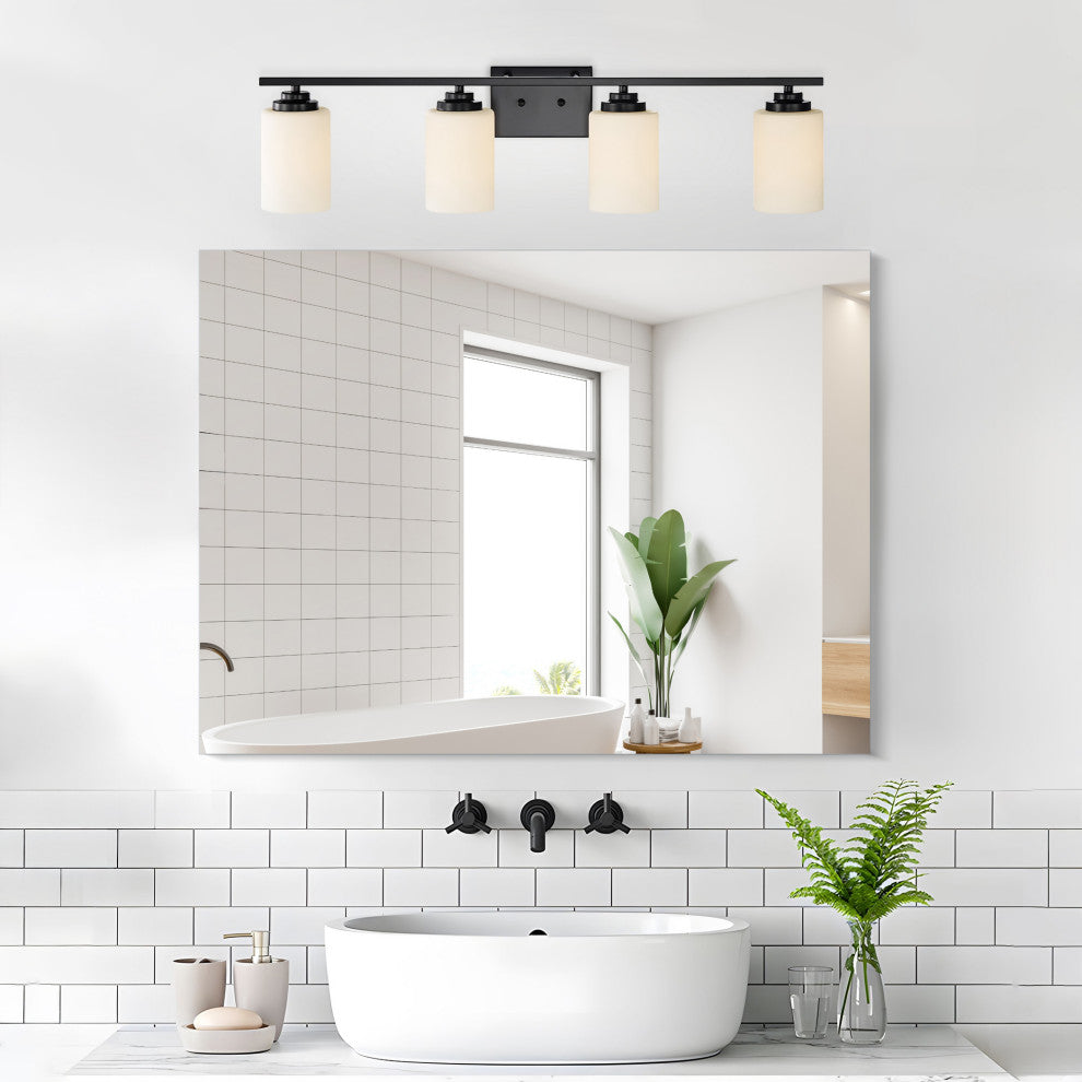 4-Light Matte Black Vanity With Etched White Glass Shades