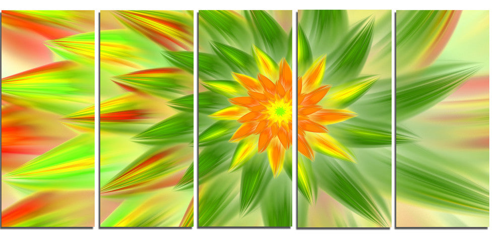 Dancing Green Fractal Flower, Floral Canvas Art Print, 60"x28", 5 Panels
