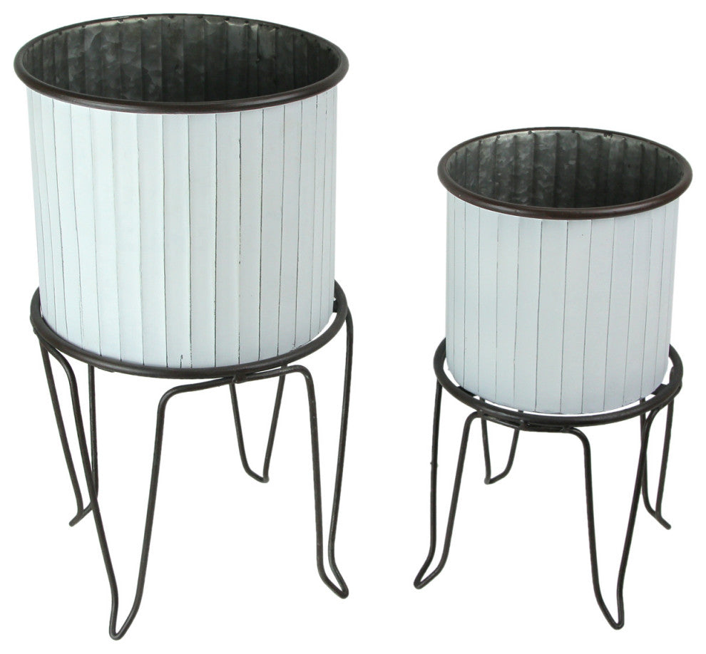 Set of 2 White / Charcoal Round Metal Tub Planters On Stands