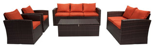 Rio 5-Piece Wicker Conversation Set With Storage, Dark Brown Wicker/Orange Cushi