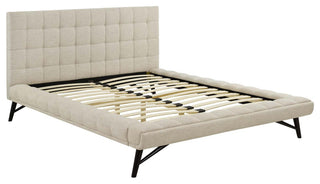 Julia Queen Biscuit Tufted Upholstered Fabric Platform Bed Beige