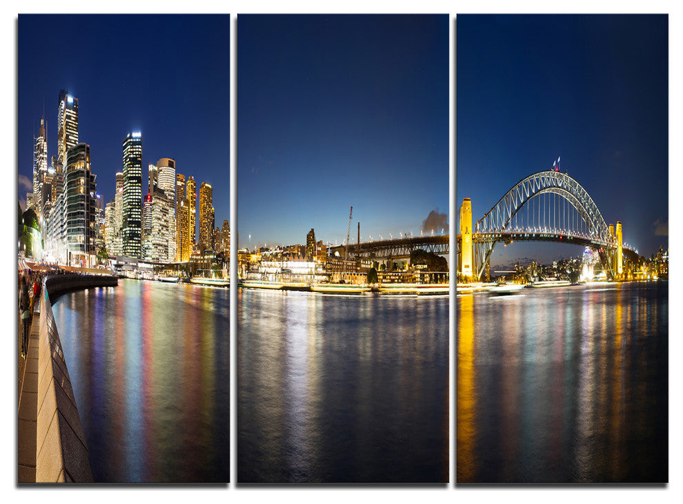 "Cityscape Sydney Nightfall Panorama" Metal Wall Art, 3 Panels, 36"x28"