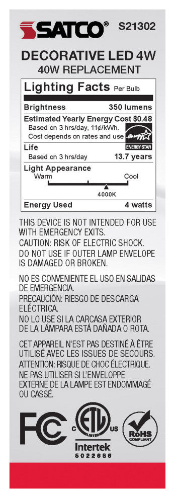 4W CA10 LED, Frost, Candelabra Base, 90 CRI, 4000K, 120V