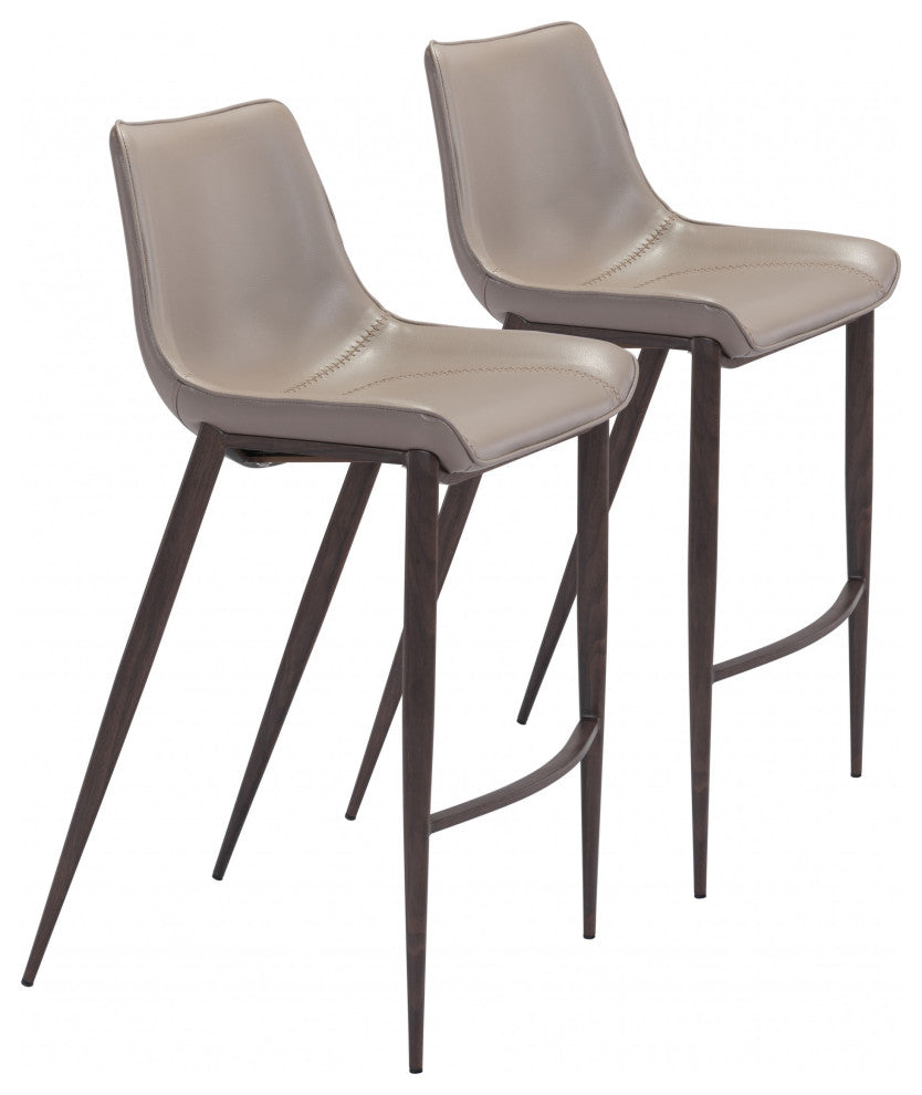 Gray Faux Leather and Dark Brown Steel Modern Stitch Bucket Bar Chairs
